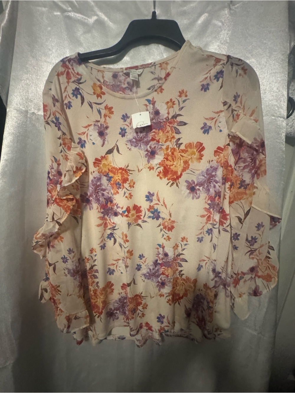 Cato Cream Floral Ruffle-Sleeve Blouse with Purple & Orange Flowers NWT
